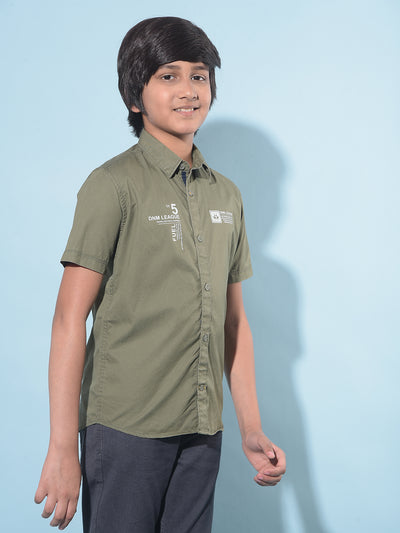 Olive Typographic Printed 100% Cotton Shirt-Boys Shirts-Crimsoune Club