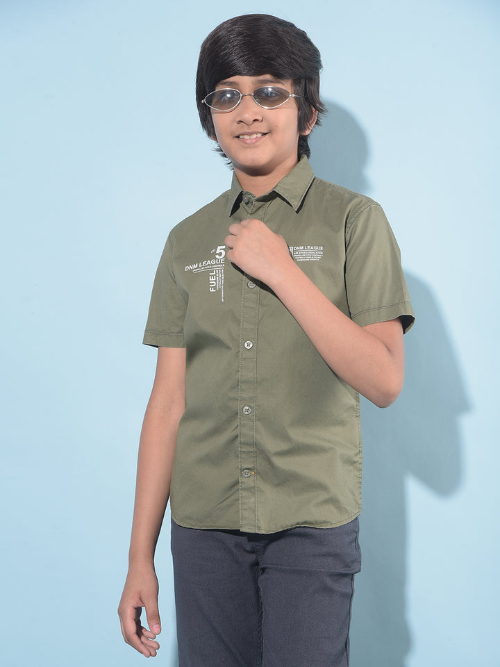 Olive Typographic Printed 100% Cotton Shirt-Boys Shirts-Crimsoune Club
