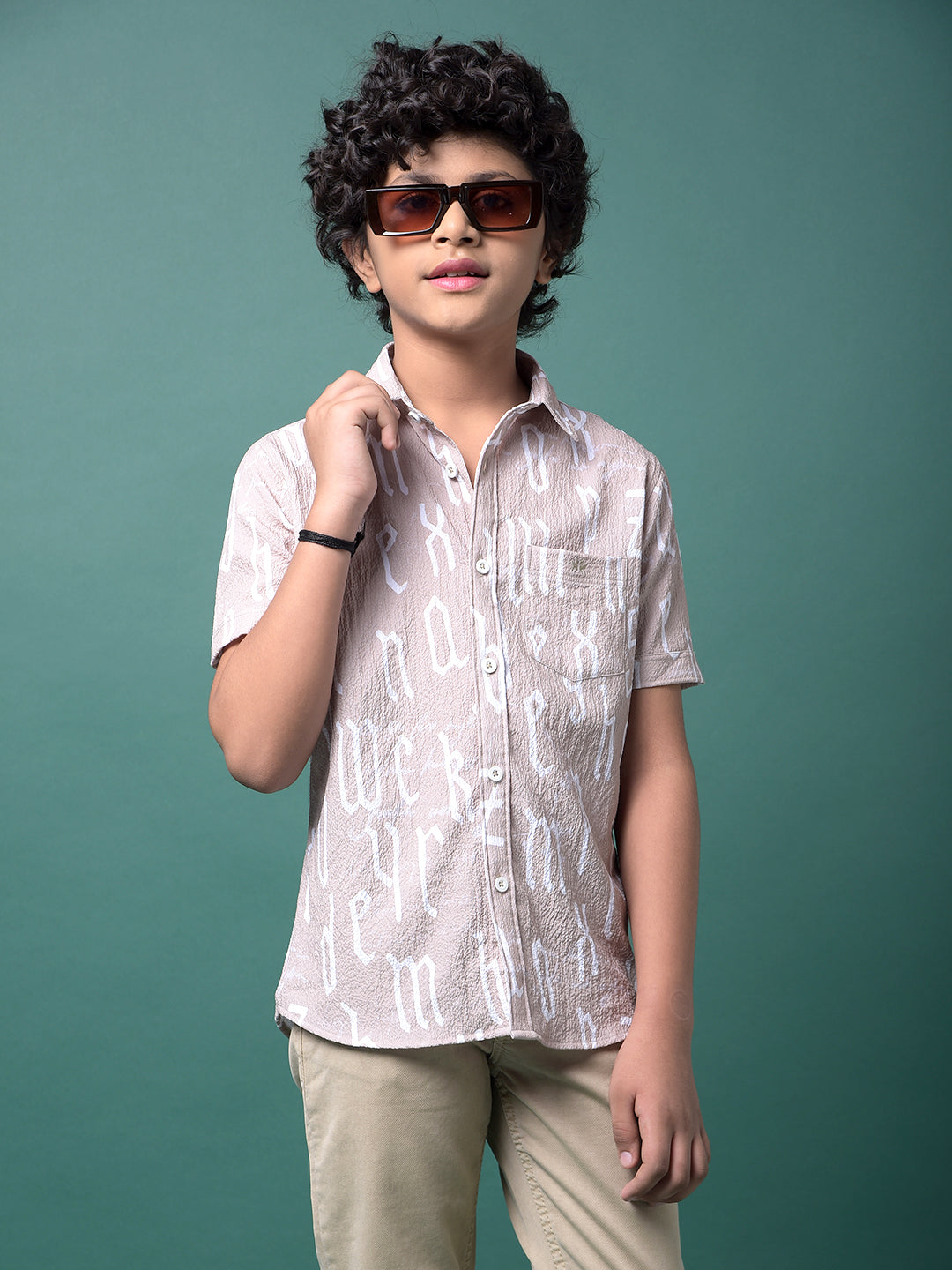 Beige Typographic Print Shirt-Boys Shirts-Crimsoune Club