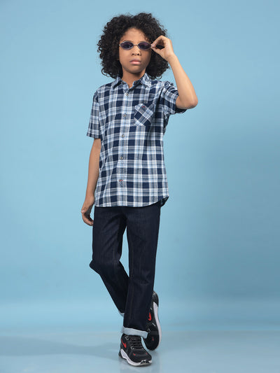 Navy Blue Checked 100% Cotton Shirt-Boys Shirts-Crimsoune Club