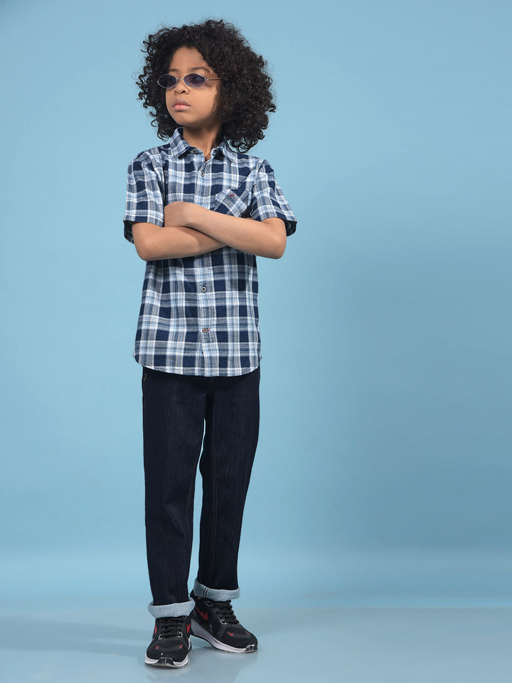 Navy Blue Checked 100% Cotton Shirt-Boys Shirts-Crimsoune Club