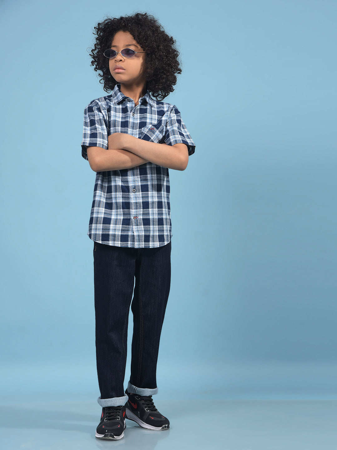 Navy Blue Checked 100% Cotton Shirt-Boys Shirts-Crimsoune Club