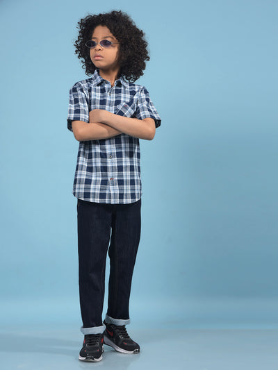 Navy Blue Checked 100% Cotton Shirt-Boys Shirts-Crimsoune Club