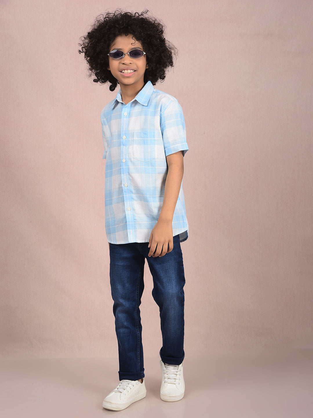 Blue Checked 100% Cotton Knitted Shirt-Boys Shirts-Crimsoune Club