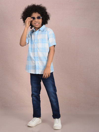 Blue Checked 100% Cotton Knitted Shirt-Boys Shirts-Crimsoune Club