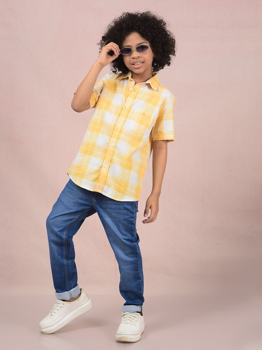Yellow Checked 100% Cotton Knitted Shirt-Boys Shirts-Crimsoune Club