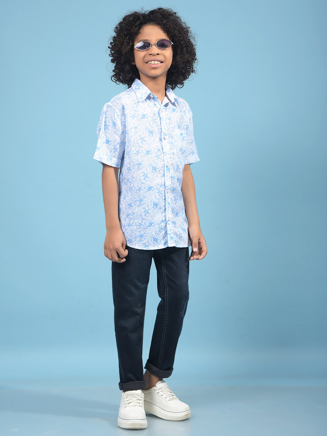 Blue Floral Print Shirt-Boys Shirts-Crimsoune Club