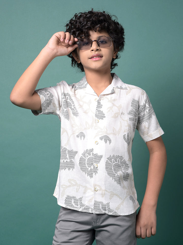 Beige Printed Resort Collar Linen Shirt-Boys Shirts-Crimsoune Club