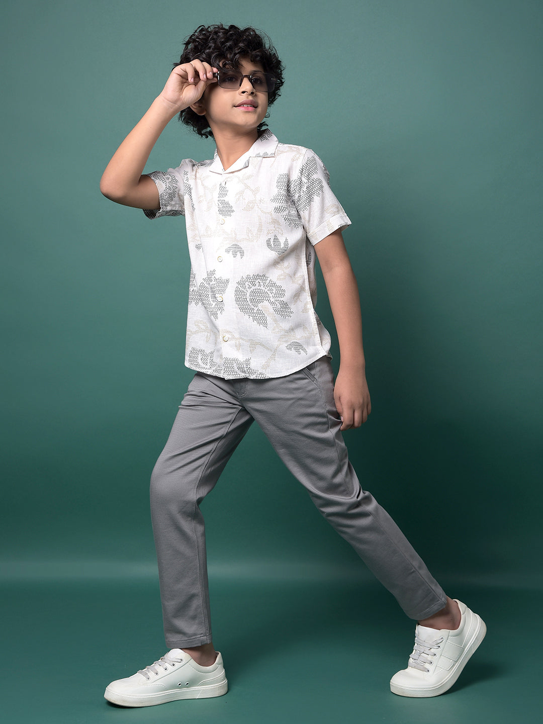 Beige Printed Resort Collar Linen Shirt-Boys Shirts-Crimsoune Club