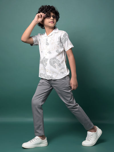 Beige Printed Resort Collar Linen Shirt-Boys Shirts-Crimsoune Club