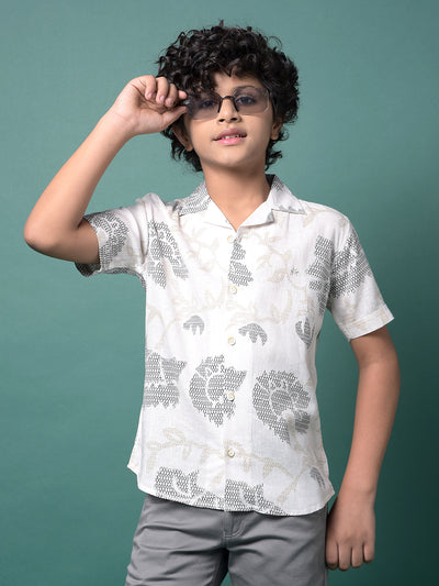 Beige Printed Resort Collar Linen Shirt-Boys Shirts-Crimsoune Club