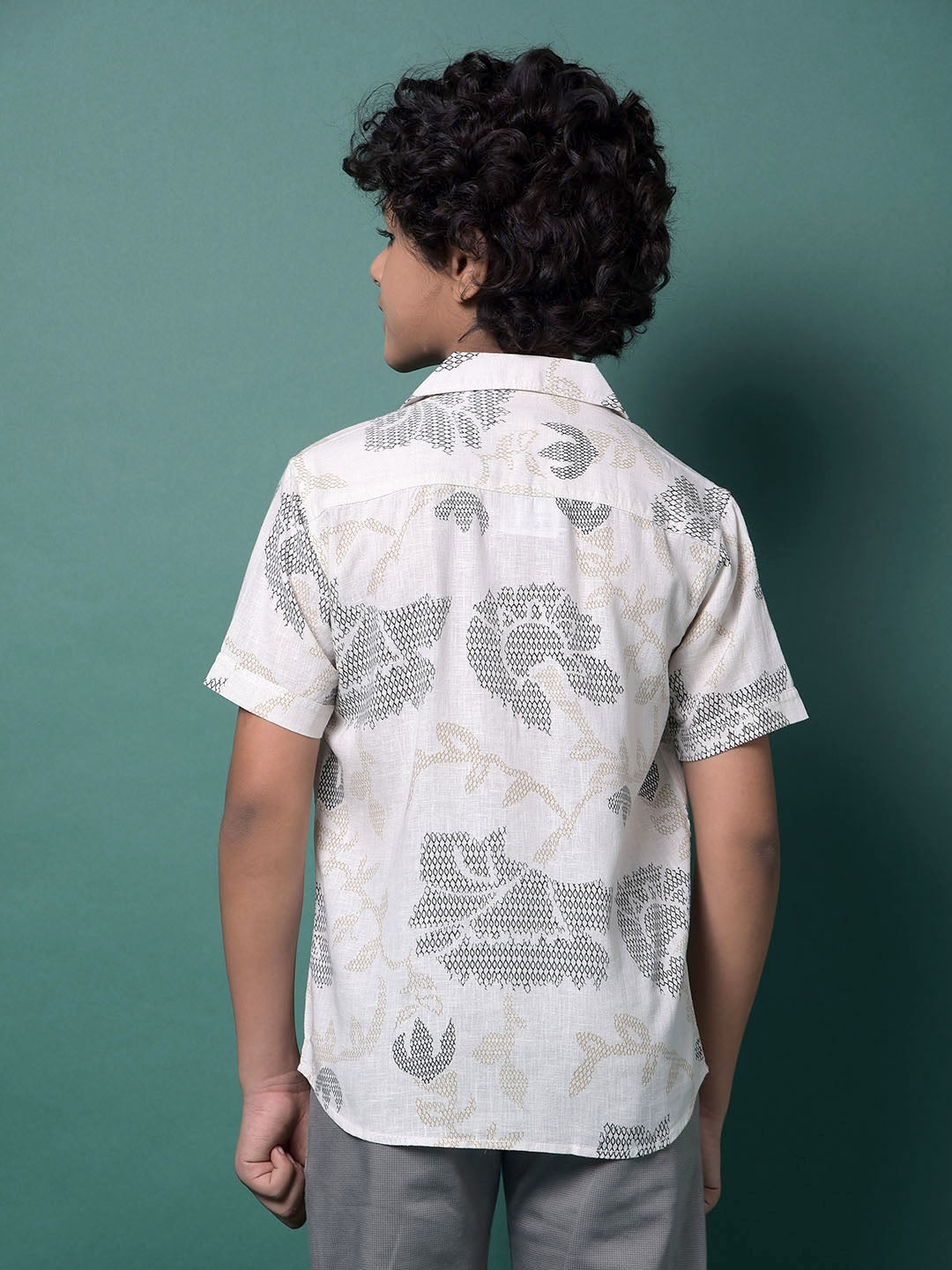 Beige Printed Resort Collar Linen Shirt-Boys Shirts-Crimsoune Club