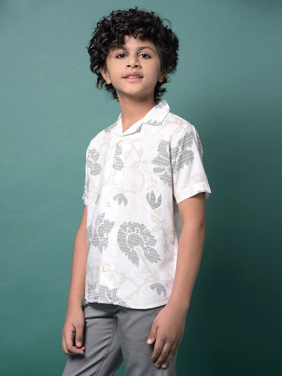 Beige Printed Resort Collar Linen Shirt-Boys Shirts-Crimsoune Club