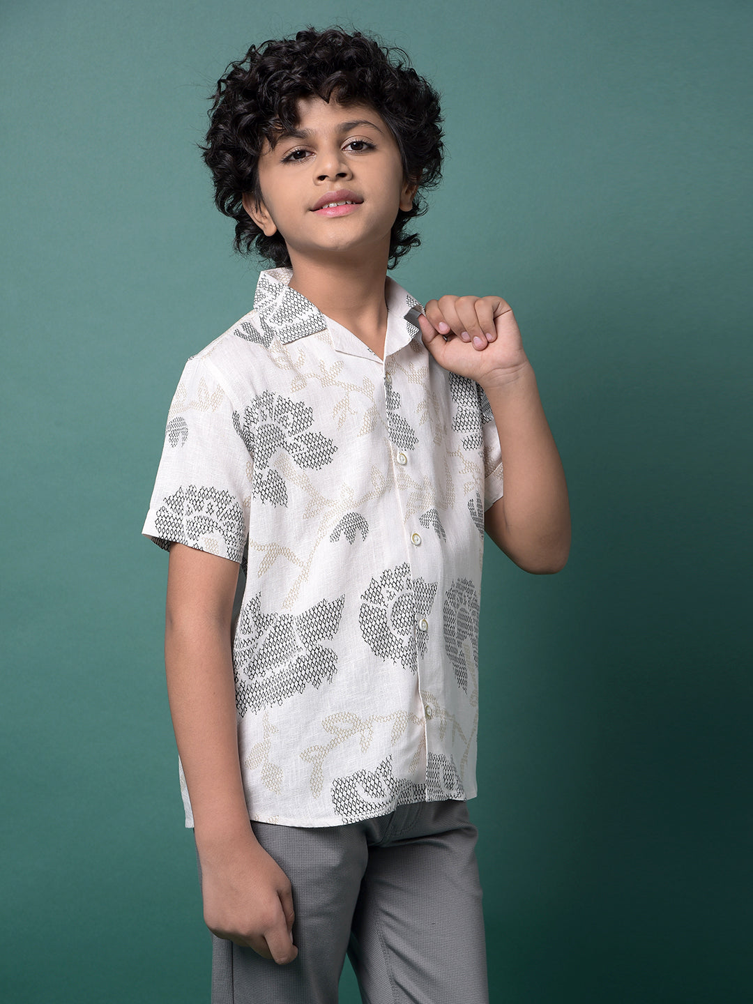 Beige Printed Resort Collar Linen Shirt-Boys Shirts-Crimsoune Club