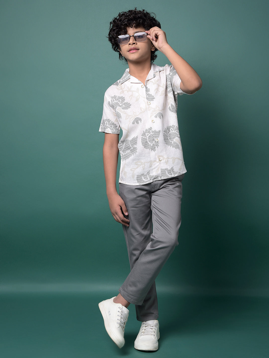 Beige Printed Resort Collar Linen Shirt-Boys Shirts-Crimsoune Club