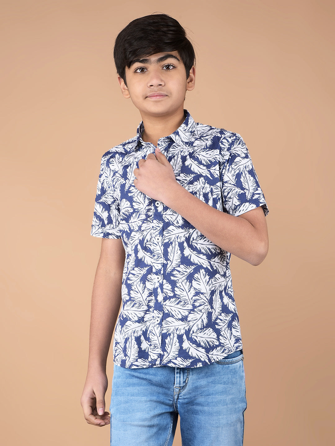 Navy Blue Floral Print 100% Cotton Shirt-Boys Shirts-Crimsoune Club