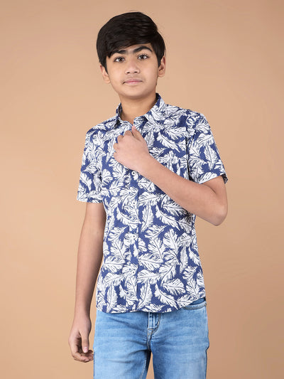 Navy Blue Floral Print 100% Cotton Shirt-Boys Shirts-Crimsoune Club