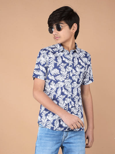 Navy Blue Floral Print 100% Cotton Shirt-Boys Shirts-Crimsoune Club