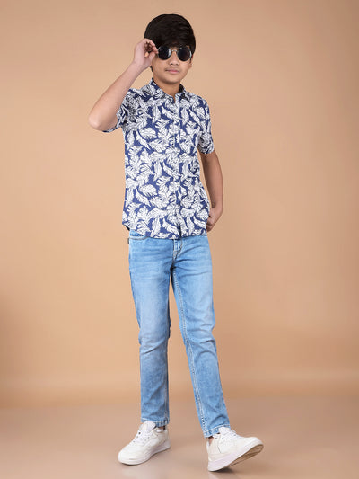 Navy Blue Floral Print 100% Cotton Shirt-Boys Shirts-Crimsoune Club