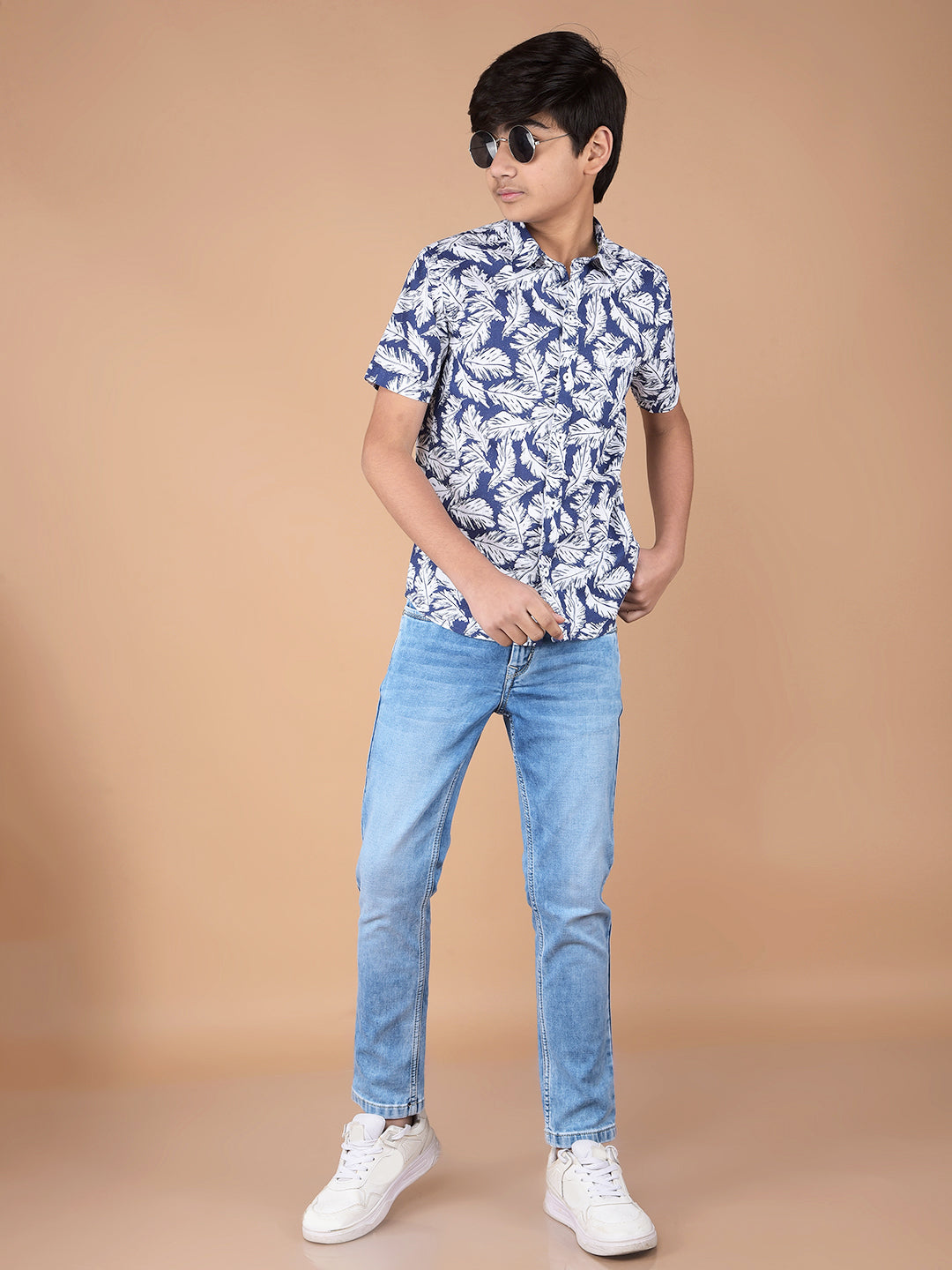 Navy Blue Floral Print 100% Cotton Shirt-Boys Shirts-Crimsoune Club