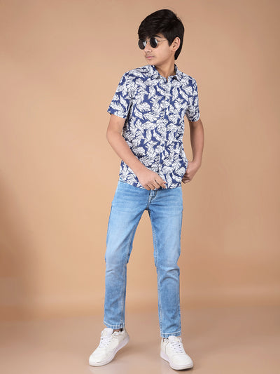 Navy Blue Floral Print 100% Cotton Shirt-Boys Shirts-Crimsoune Club