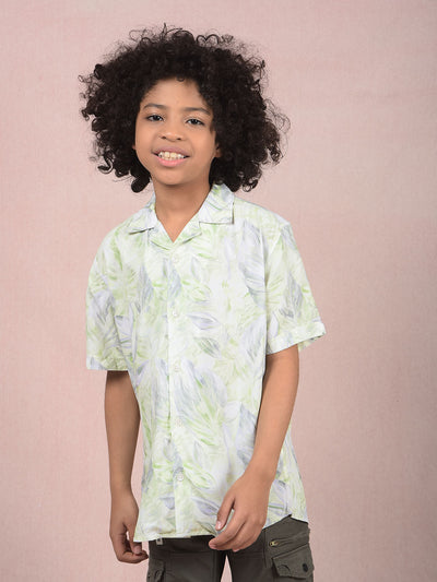 Green Floral Print Cuban Collar Shirt-Boys Shirts-Crimsoune Club