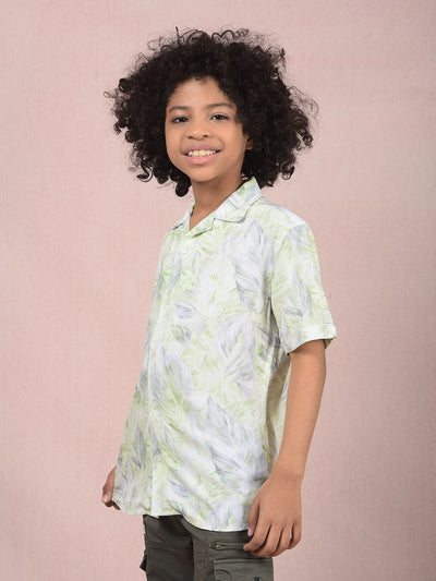 Green Floral Print Cuban Collar Shirt-Boys Shirts-Crimsoune Club