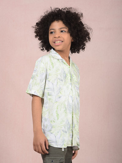 Green Floral Print Cuban Collar Shirt-Boys Shirts-Crimsoune Club