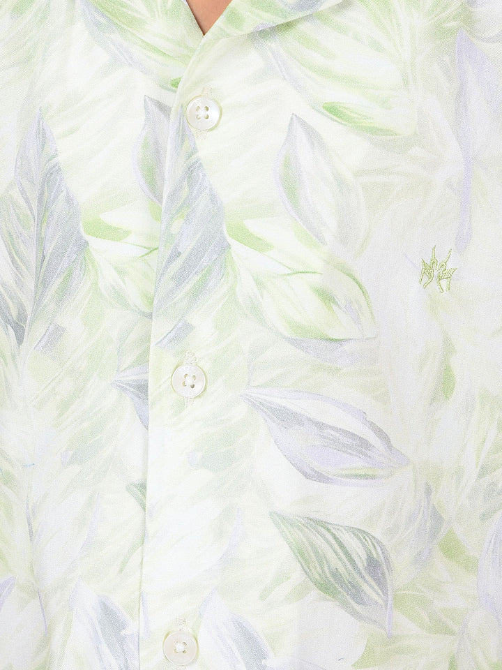 Green Floral Print Cuban Collar Shirt-Boys Shirts-Crimsoune Club
