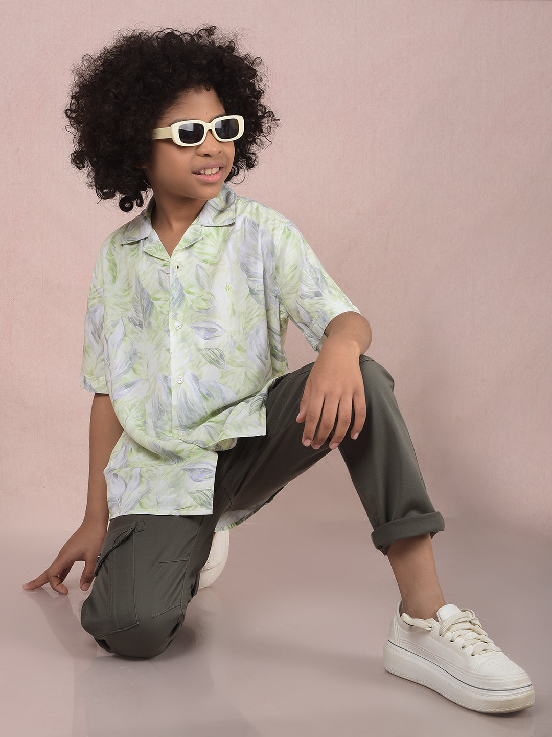 Green Floral Print Cuban Collar Shirt-Boys Shirts-Crimsoune Club