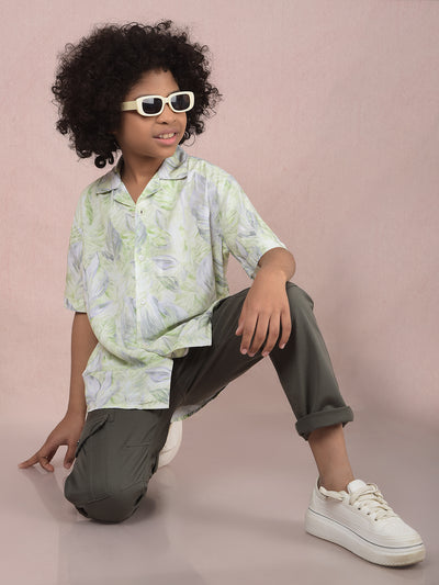 Green Floral Print Cuban Collar Shirt-Boys Shirts-Crimsoune Club