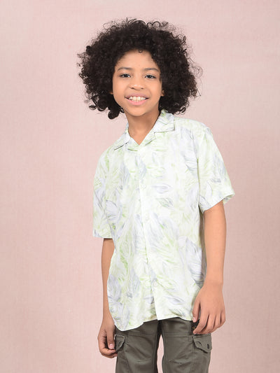 Green Floral Print Cuban Collar Shirt-Boys Shirts-Crimsoune Club
