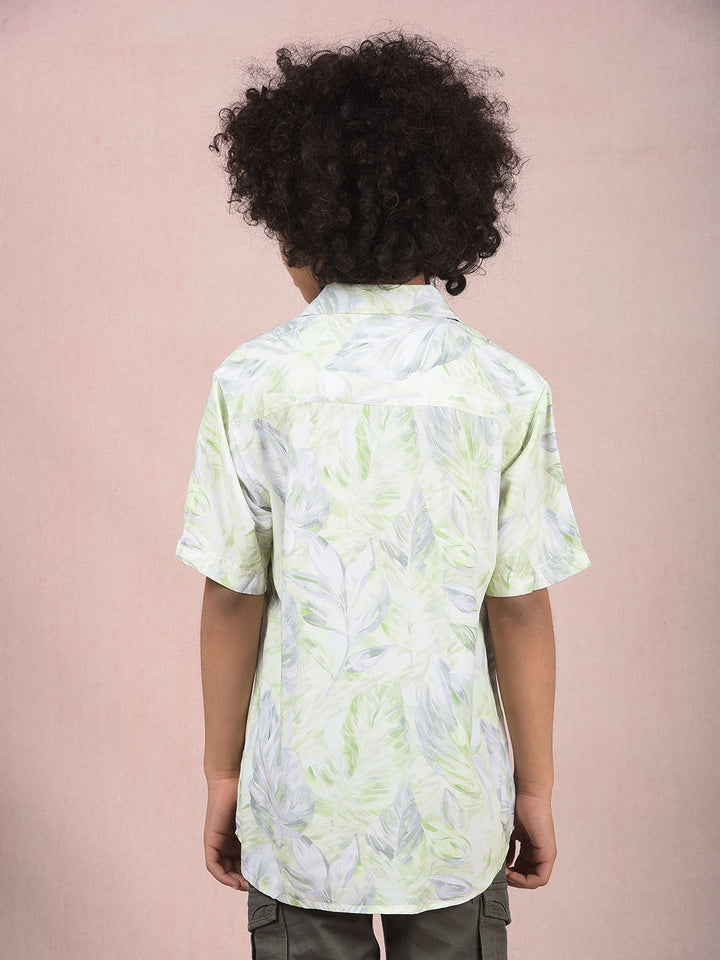 Green Floral Print Cuban Collar Shirt-Boys Shirts-Crimsoune Club