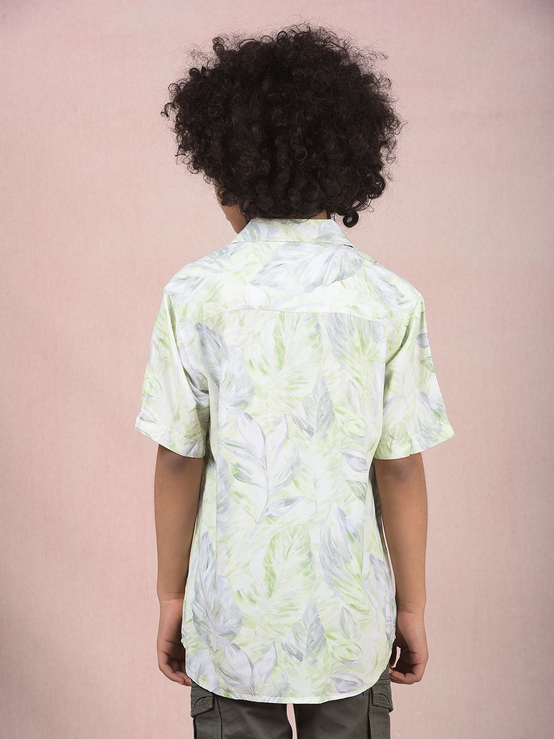 Green Floral Print Cuban Collar Shirt-Boys Shirts-Crimsoune Club