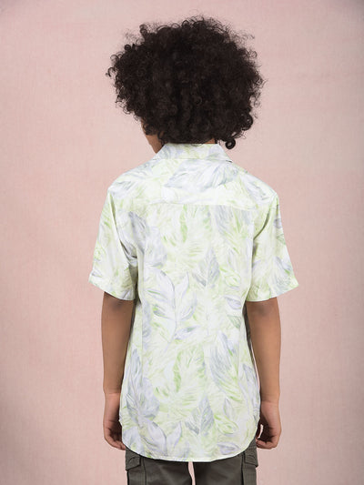 Green Floral Print Cuban Collar Shirt-Boys Shirts-Crimsoune Club