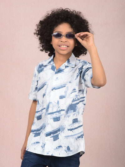 Blue Abstract Print 100% Cotton Cuban Collar Shirt-Boys Shirts-Crimsoune Club