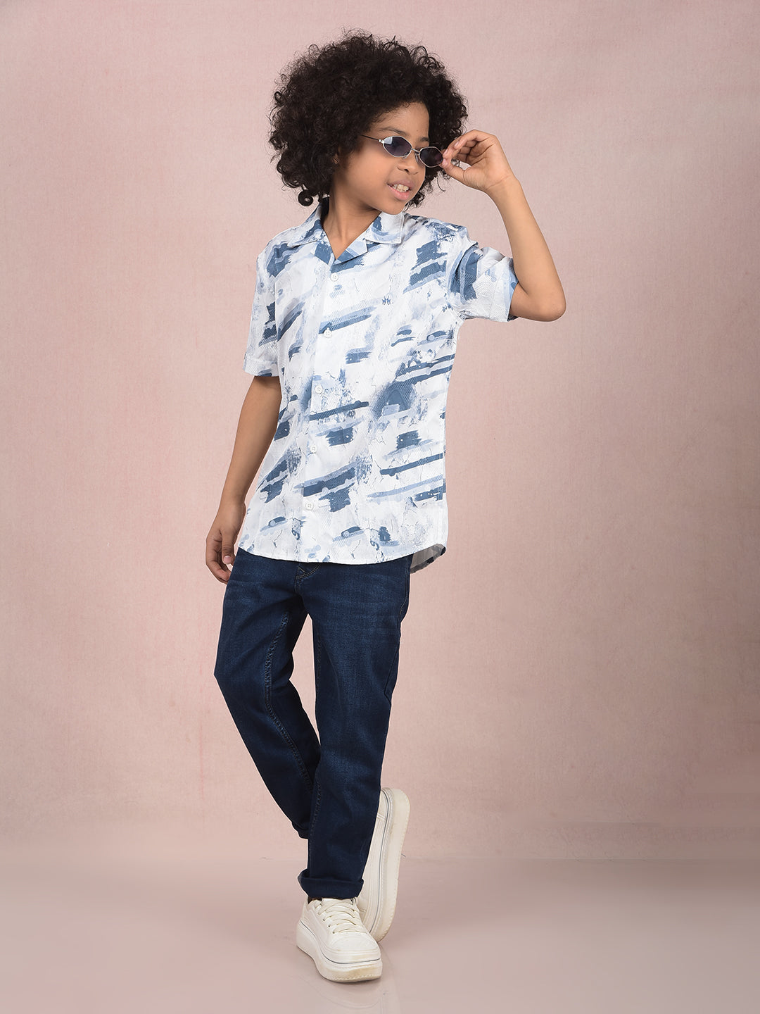 Blue Abstract Print 100% Cotton Cuban Collar Shirt-Boys Shirts-Crimsoune Club