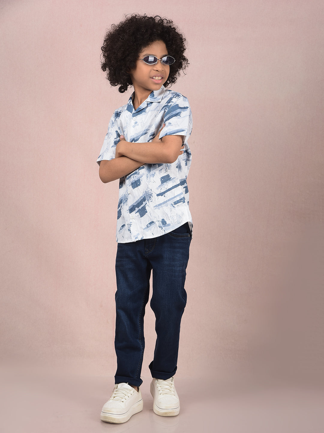 Blue Abstract Print 100% Cotton Cuban Collar Shirt-Boys Shirts-Crimsoune Club