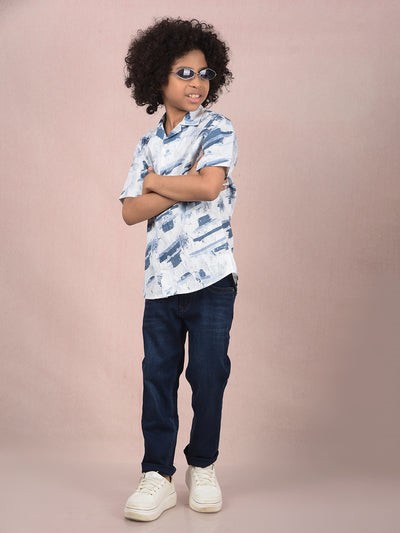 Blue Abstract Print 100% Cotton Cuban Collar Shirt-Boys Shirts-Crimsoune Club