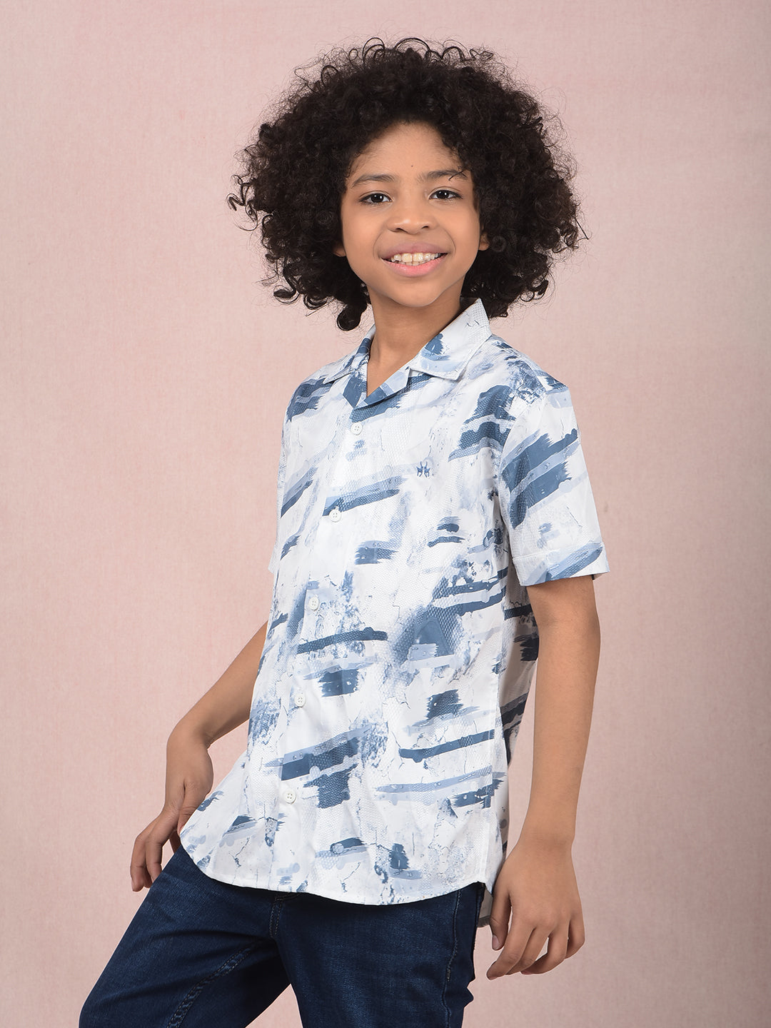 Blue Abstract Print 100% Cotton Cuban Collar Shirt-Boys Shirts-Crimsoune Club