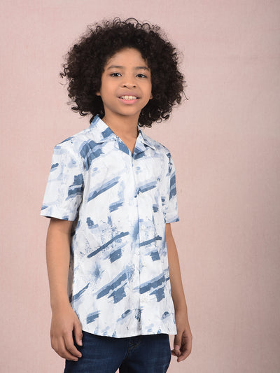 Blue Abstract Print 100% Cotton Cuban Collar Shirt-Boys Shirts-Crimsoune Club