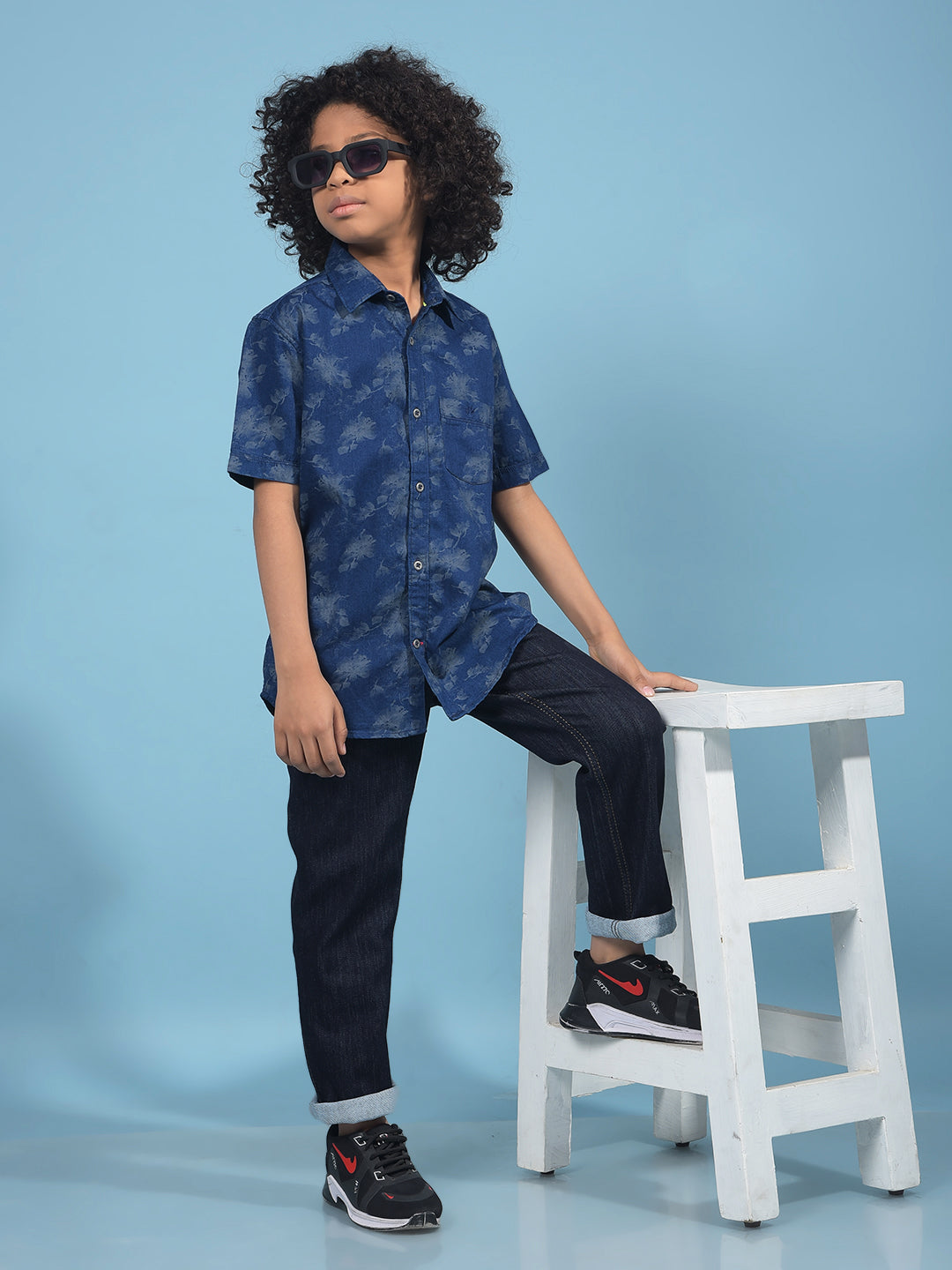 Navy Blue Floral Print 100% Cotton Shirt-Boys Shirts-Crimsoune Club