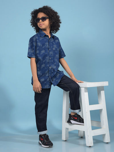 Navy Blue Floral Print 100% Cotton Shirt-Boys Shirts-Crimsoune Club