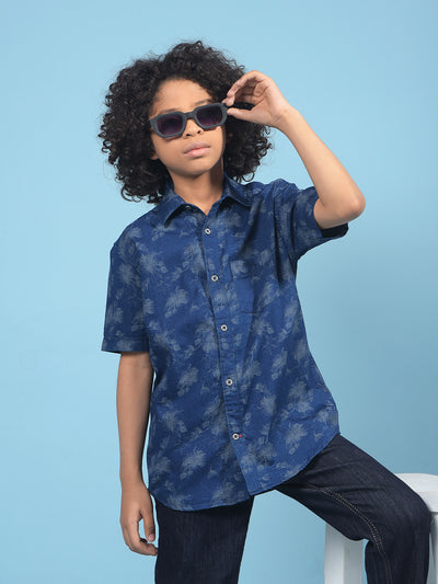 Navy Blue Floral Print 100% Cotton Shirt-Boys Shirts-Crimsoune Club
