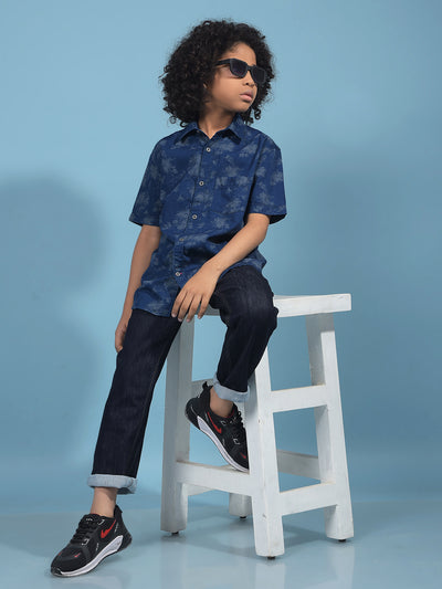 Navy Blue Floral Print 100% Cotton Shirt-Boys Shirts-Crimsoune Club