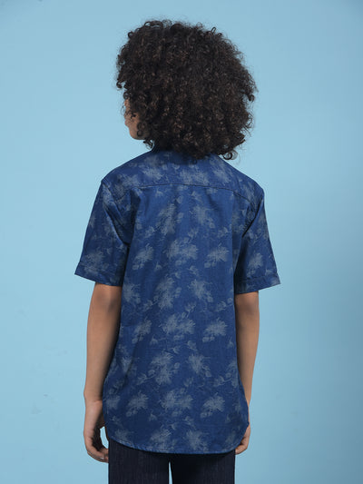 Navy Blue Floral Print 100% Cotton Shirt-Boys Shirts-Crimsoune Club