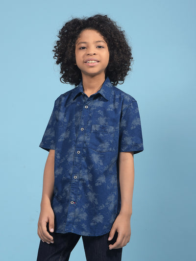Navy Blue Floral Print 100% Cotton Shirt-Boys Shirts-Crimsoune Club