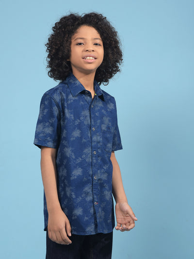 Navy Blue Floral Print 100% Cotton Shirt-Boys Shirts-Crimsoune Club