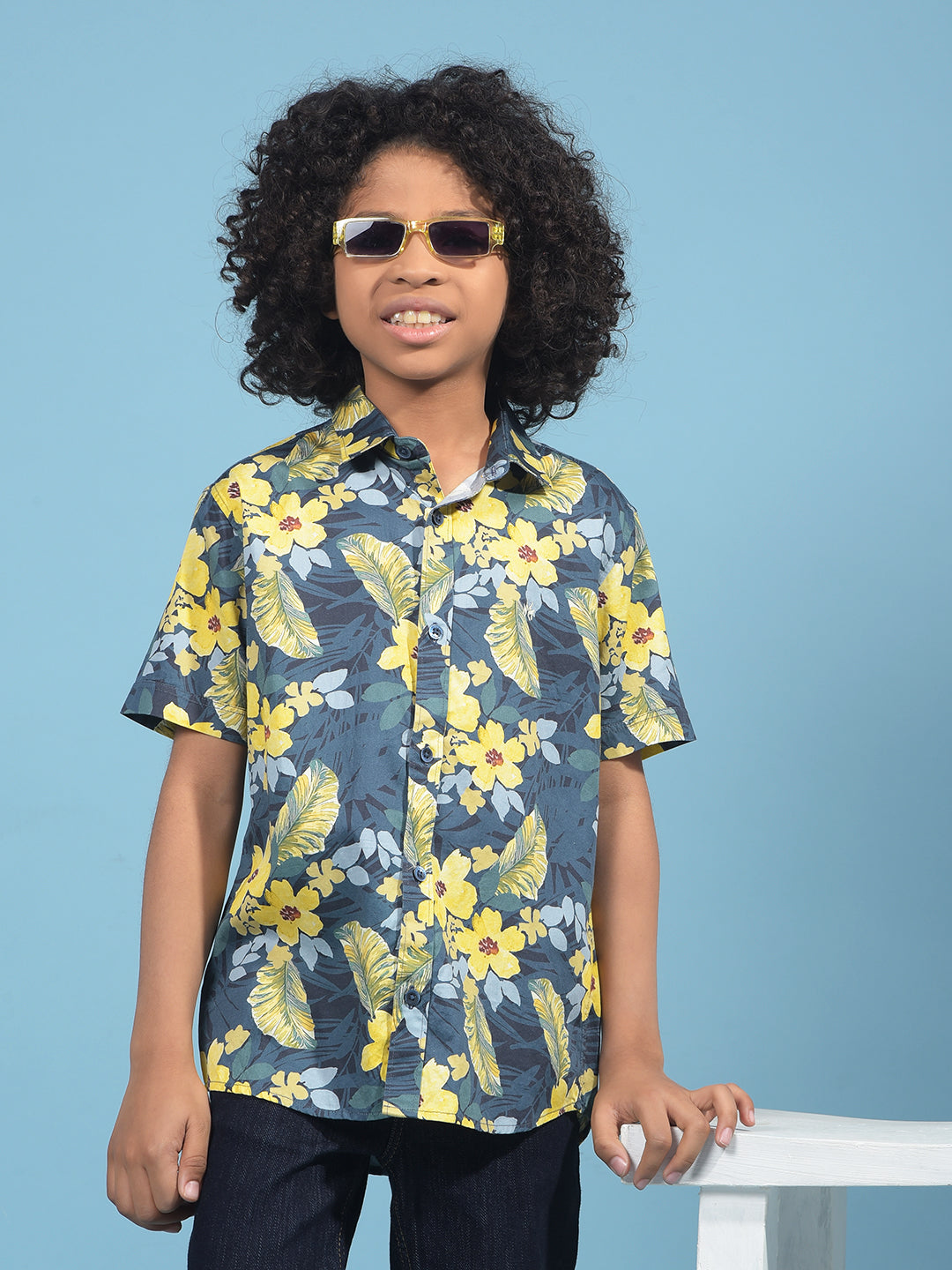 Mustard Floral Print Shirt-Boys Shirts-Crimsoune Club