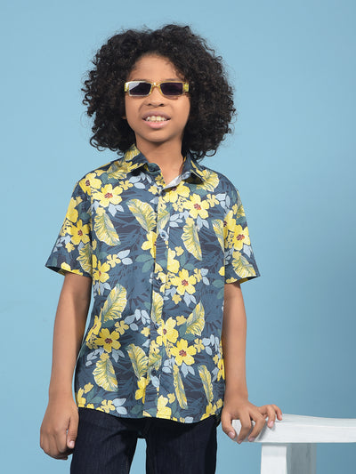 Mustard Floral Print Shirt-Boys Shirts-Crimsoune Club